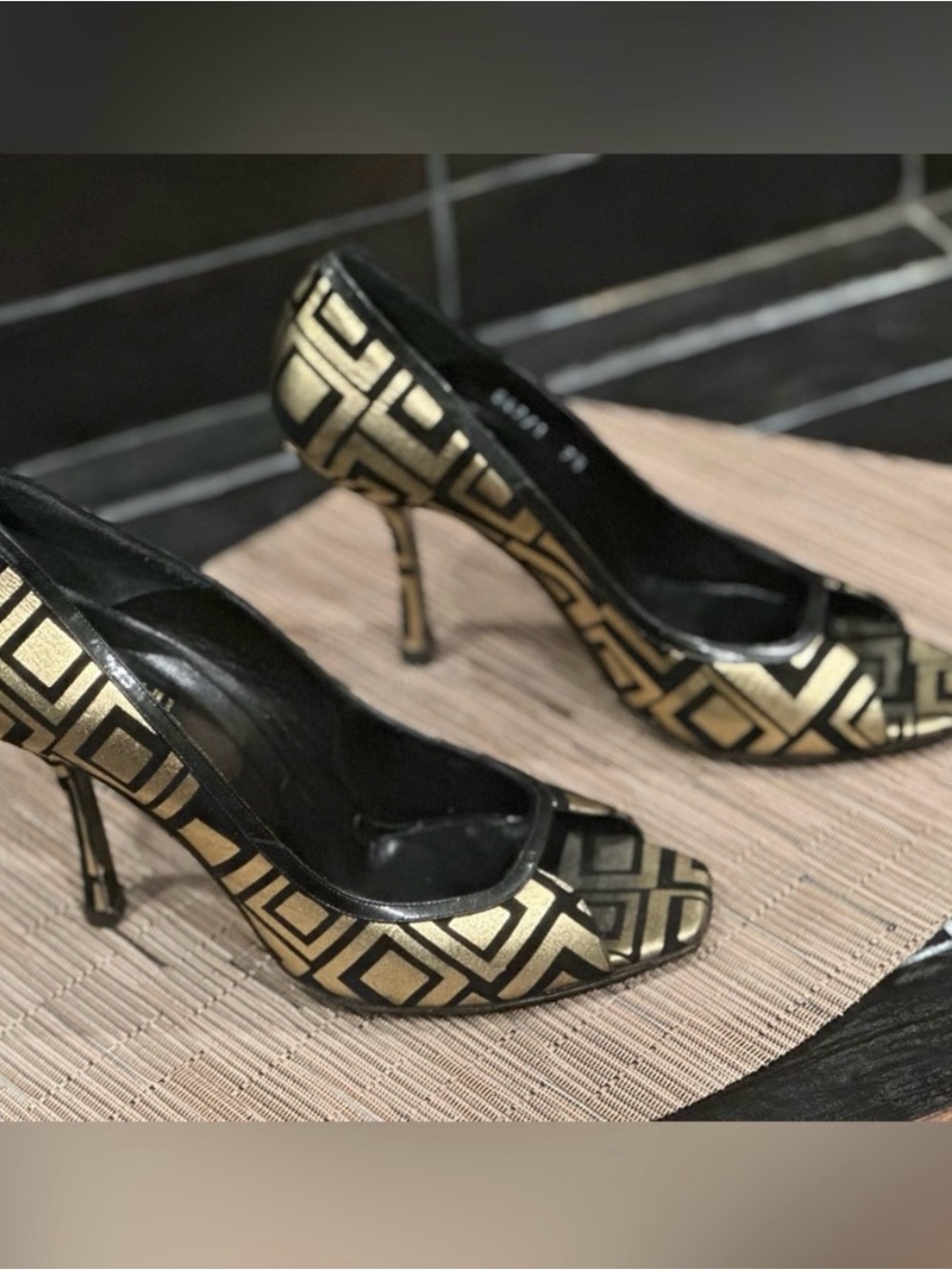 EUC Gianni Versace Gold and Black Geometric Peep-Toe Stiletto Runway Style - Picture 6 of 10